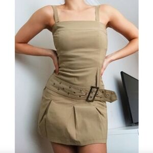 Laura Scott - (Size S) Tan Beige Pleated Sleeveless Women's Mini Dress with Belt